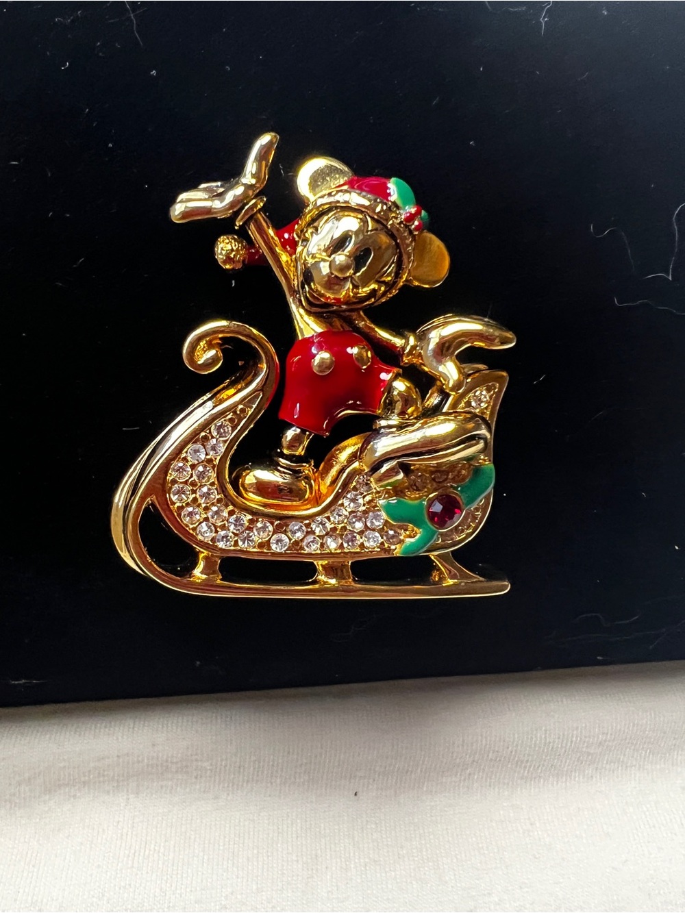 Disney Napier Mickey Mouse Holiday Sleigh Pin - Gold, Red, Green